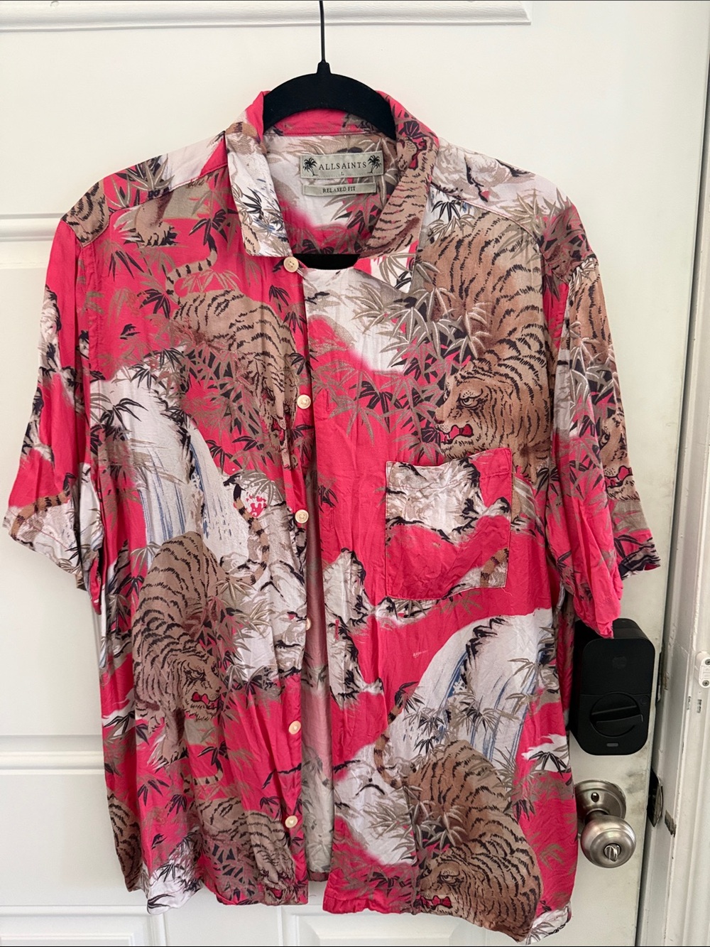 AllSaints Red and Brown Tiger Print Button-Down Shirt